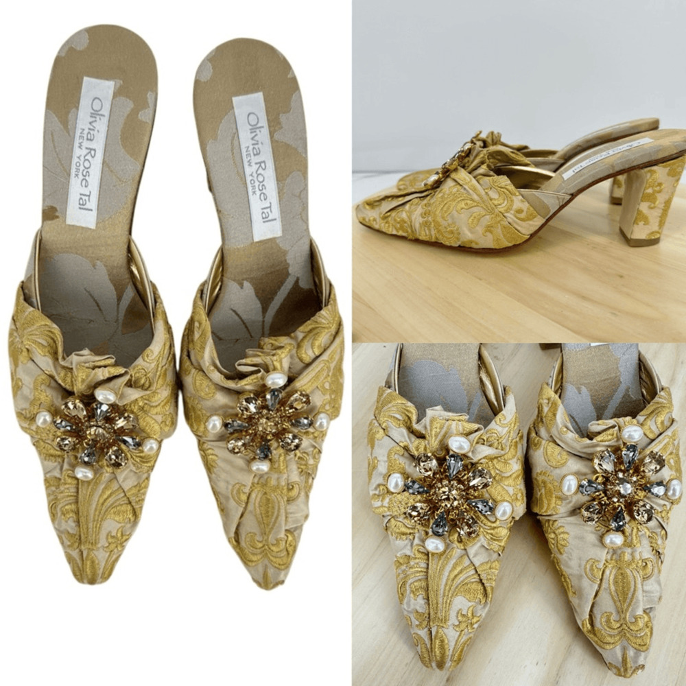 Olivia Rose Tal Slip On Mules Jacquard Bejeweled Size 7 Regency Victorian Gold